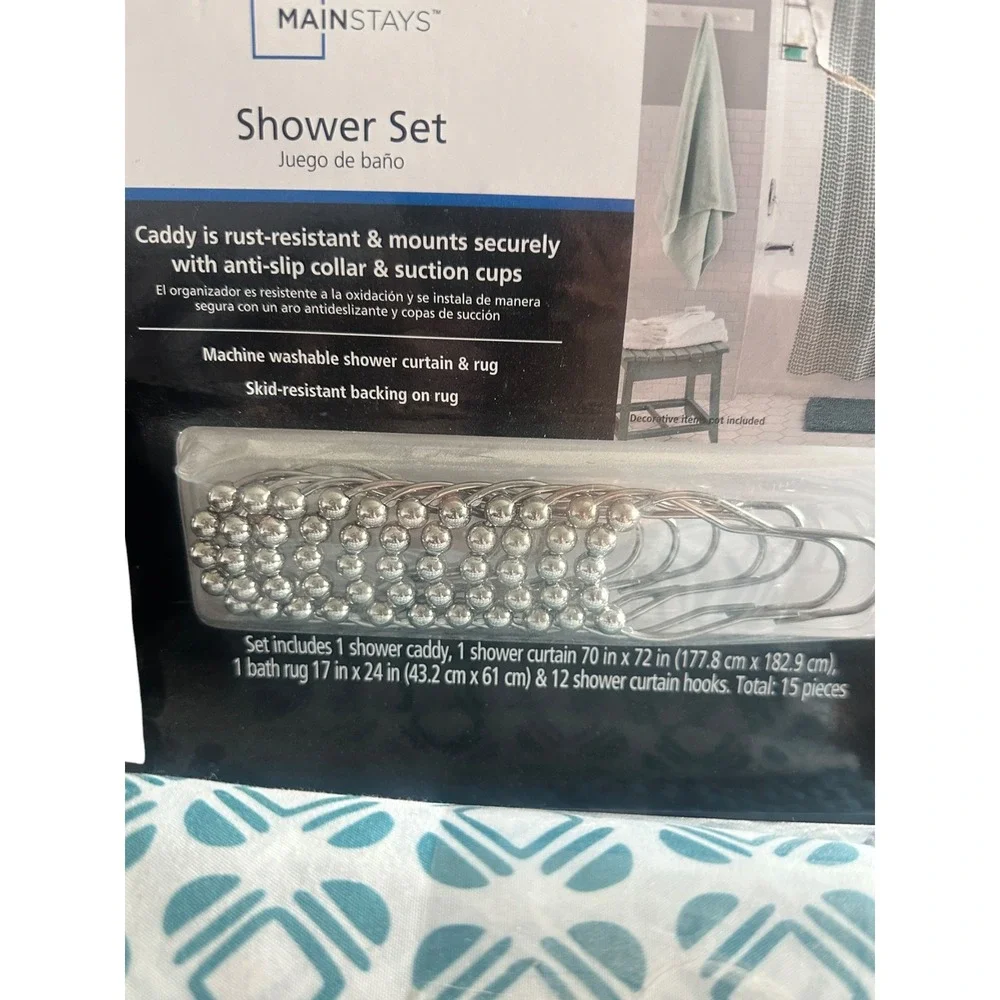 Mainstays 15 Piece Shower Set Teal Geometric Curtain‎ Rug Caddy Hooks